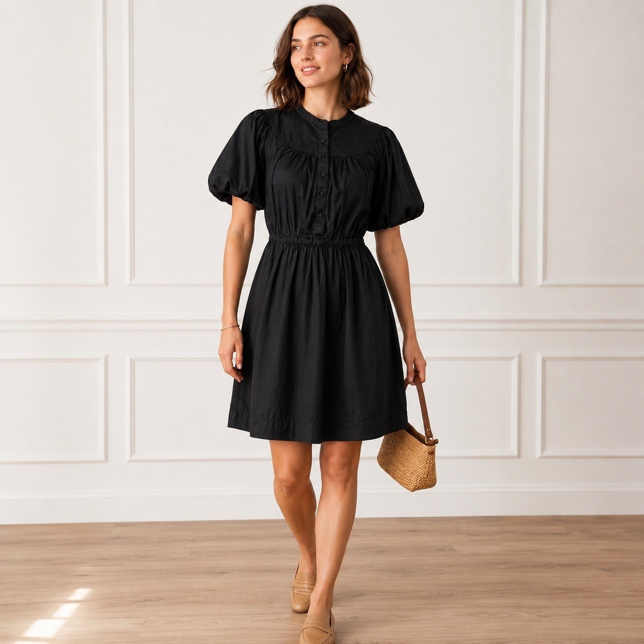 J.Crew Mini Dress Puff Sleeve Black Cotton Casual Size S